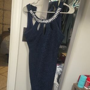 Teeze Me Navy Backless Dress with Embellished Neckline
